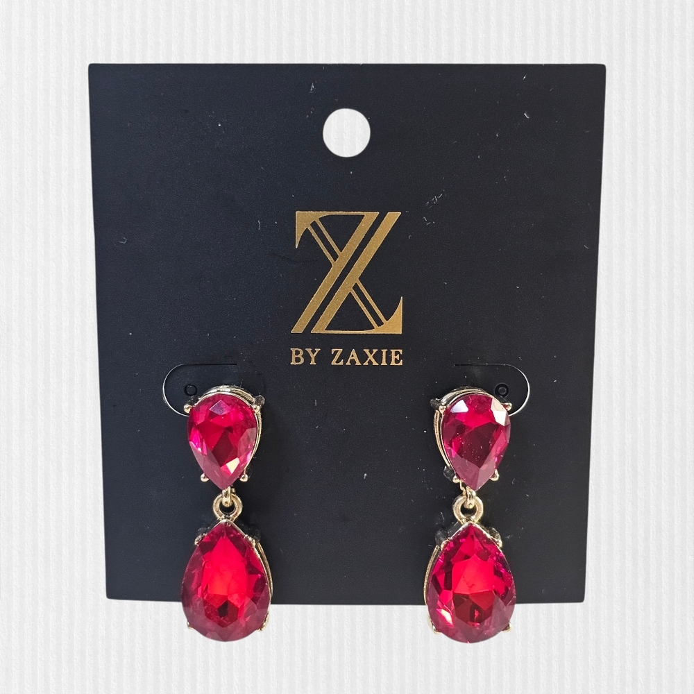 Z by Zaxie Elegant Gold Tone Dazzling‎ Red Glass Stone Dangle/Drop Earrings NWT